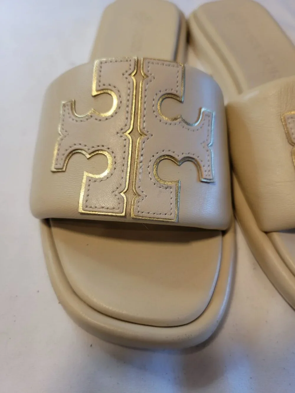 Tory Burch Double T Leather Slide Sandals Cream Beige Gold Logo Size 7